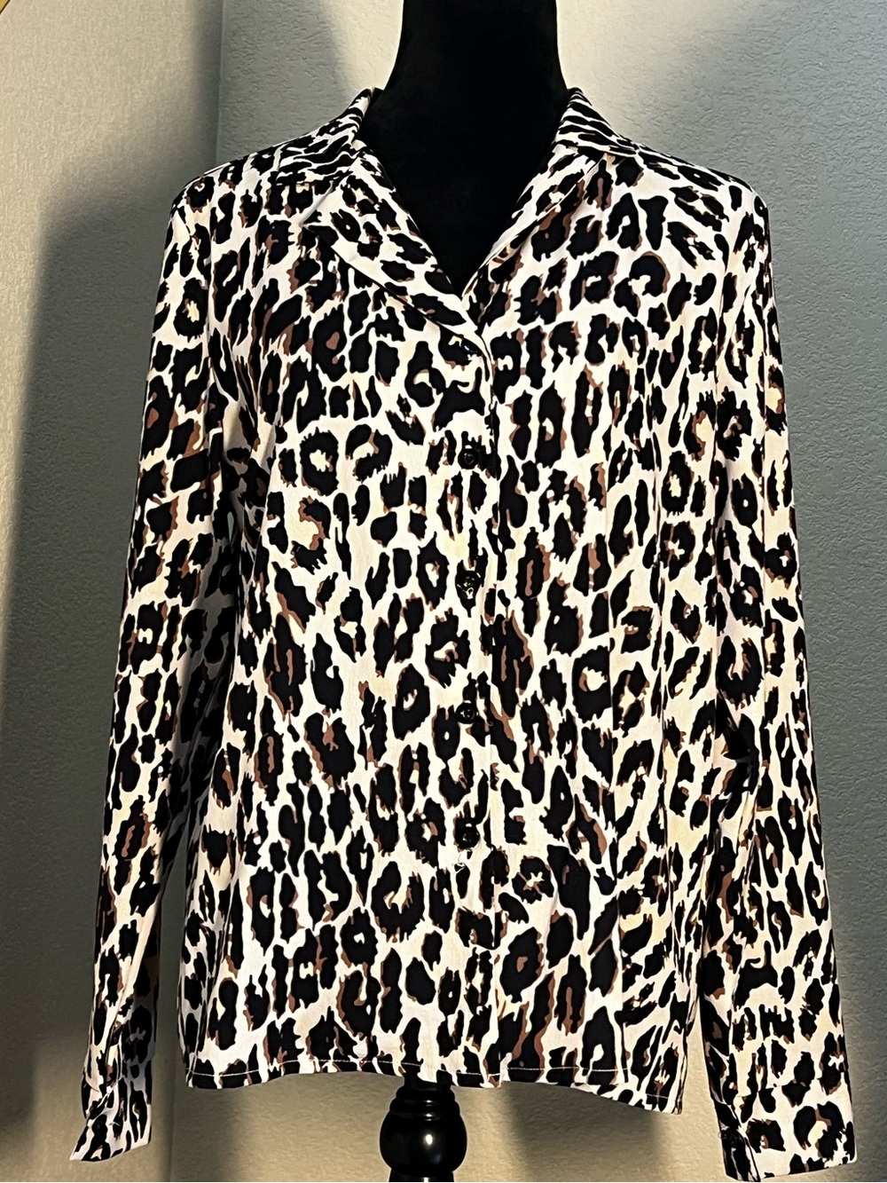 Leopard Print Button-Up Blouse - Cream/Brown/Black